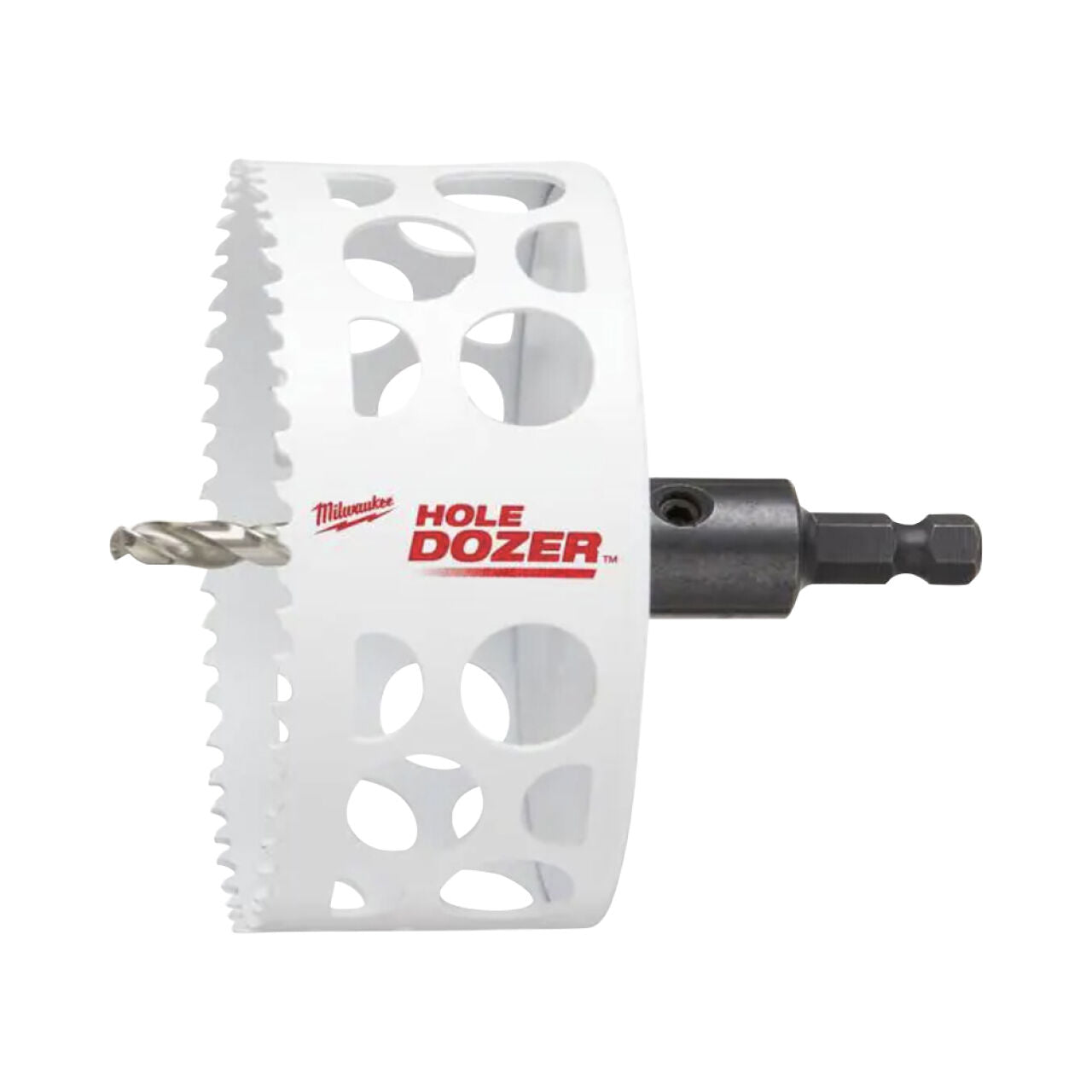 A Go Build 4 in. Hole Dozer Bi-Metal Hole Saw with 3/8 in. Arbor & Pilot Bit is shown against a plain background, featuring a white body with jagged edges and circular cutouts. Brand: The Fastest Way To Build.